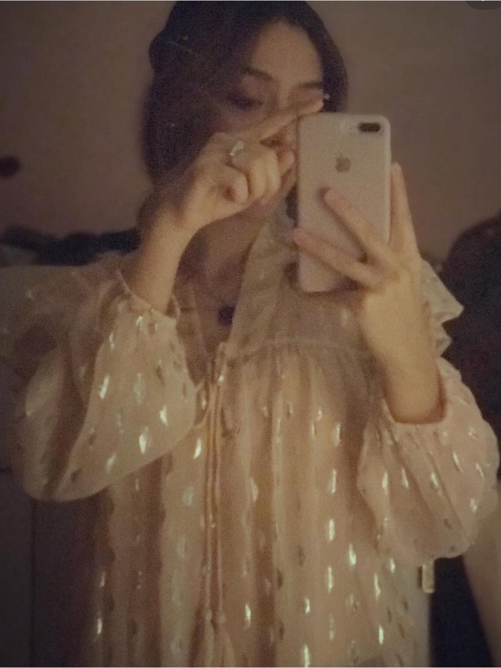 Mango Cream Sheer Metallic-Dot Peasant Tunic